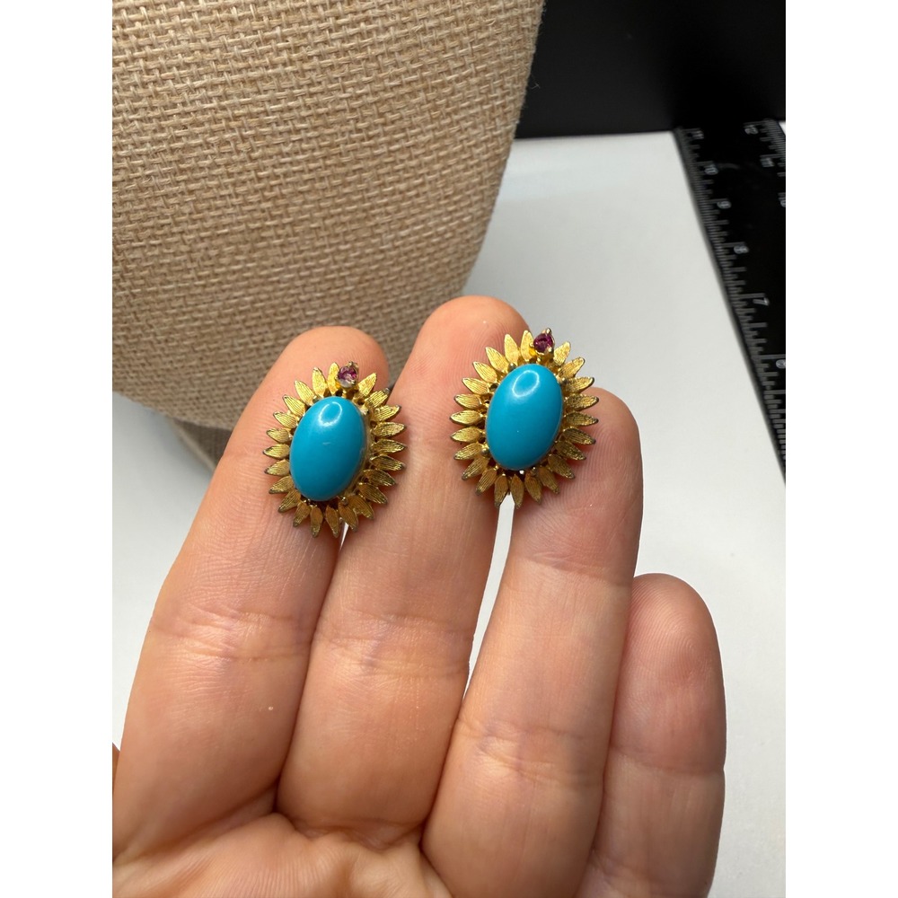 Vintage Gold Tone Turquoise Cabochon Sunburst Clip On Earrings Pink Rhinestone